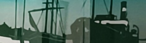 Wood cut print of old ships in harbour