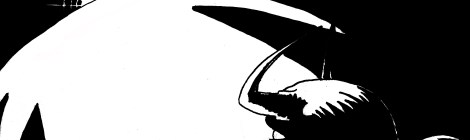 Black and white adventure comic like graphic in black and white depicting a blinding light with shocked man dressed in helmet with protruding cow horns.