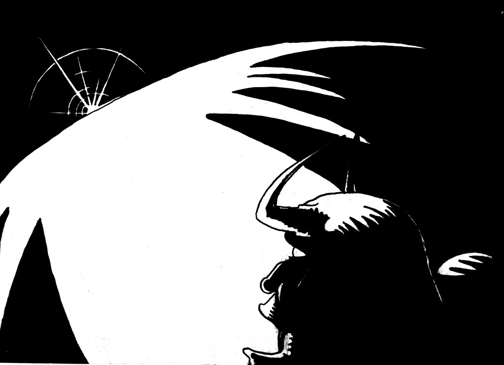 Black and white adventure comic like graphic in black and white depicting a blinding light with shocked man dressed in helmet with protruding cow horns.