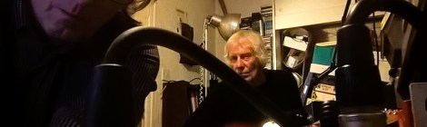 Foreground Vic Berry recording engineer, Chris Smith with Fender Telecaster guitar background