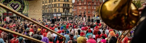 View from behind the the trombones of the mass bands at Centenary Square Bradford.