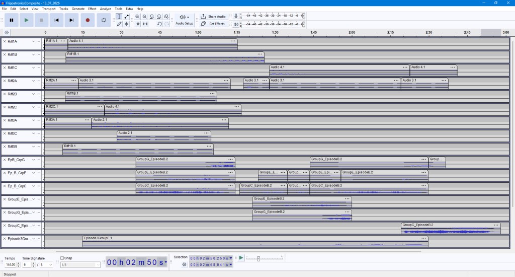 Audacity Editor Snapshot showing an except of the my final composition; labelled audio clips are shown as audio waveforms inside horizontal bars.
